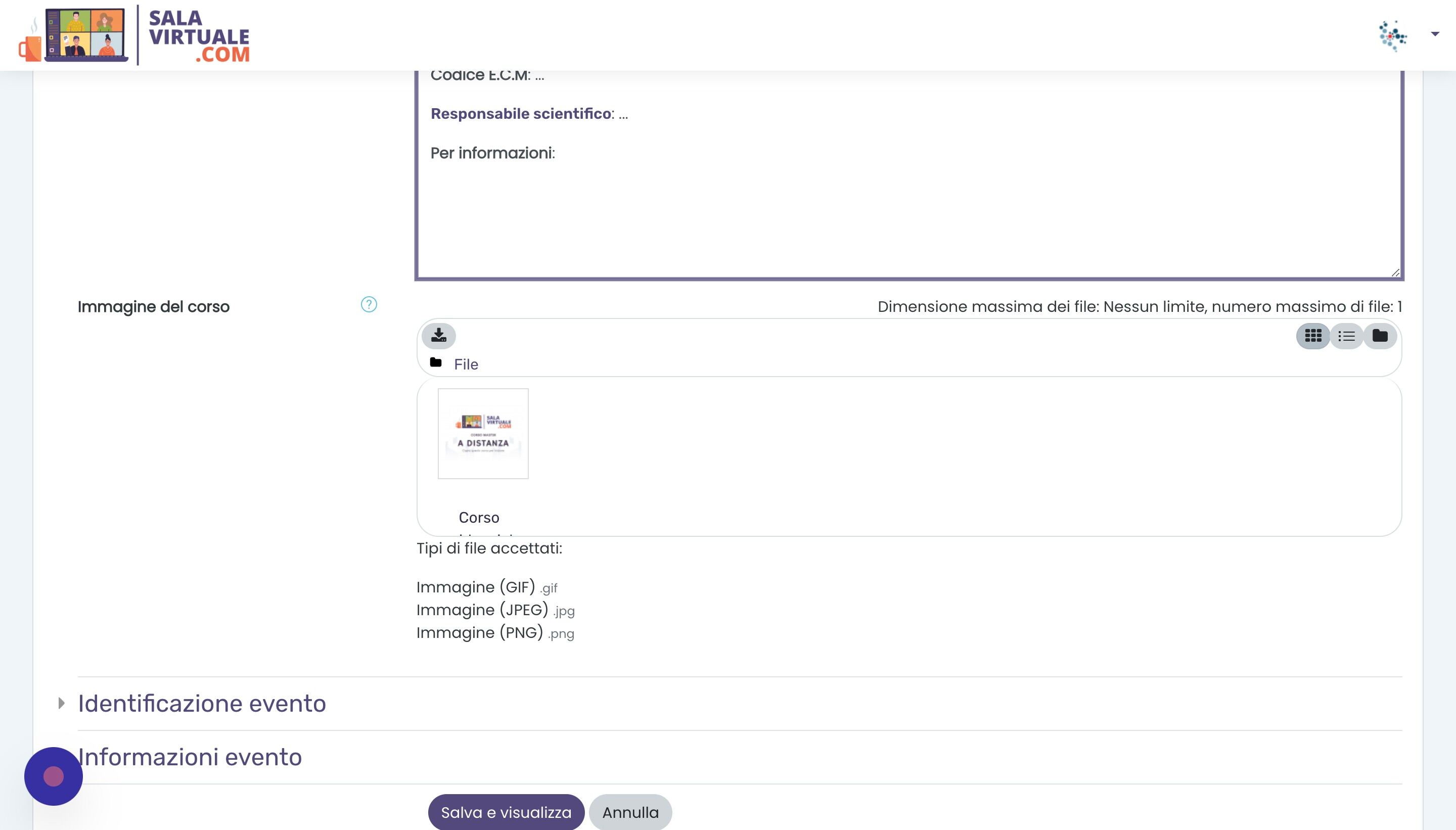 Screenshot of: Inserire l'immagine del corso.