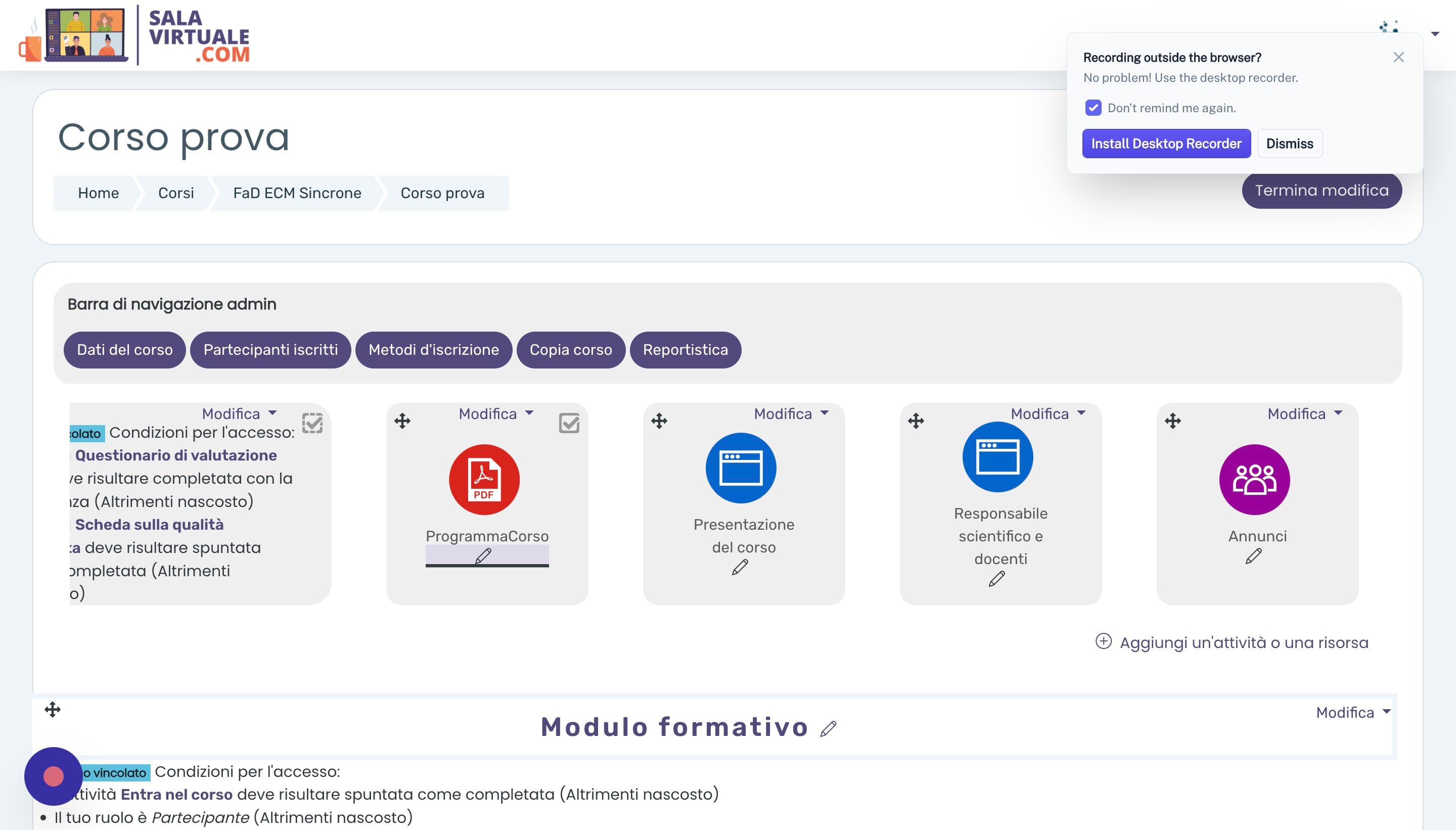 Screenshot of: E modificare il nome del file come si preferisce cliccando la matita e scrivendo il nome del file. Ora gli utenti interessati al corso potranno scaricare il file caricato.