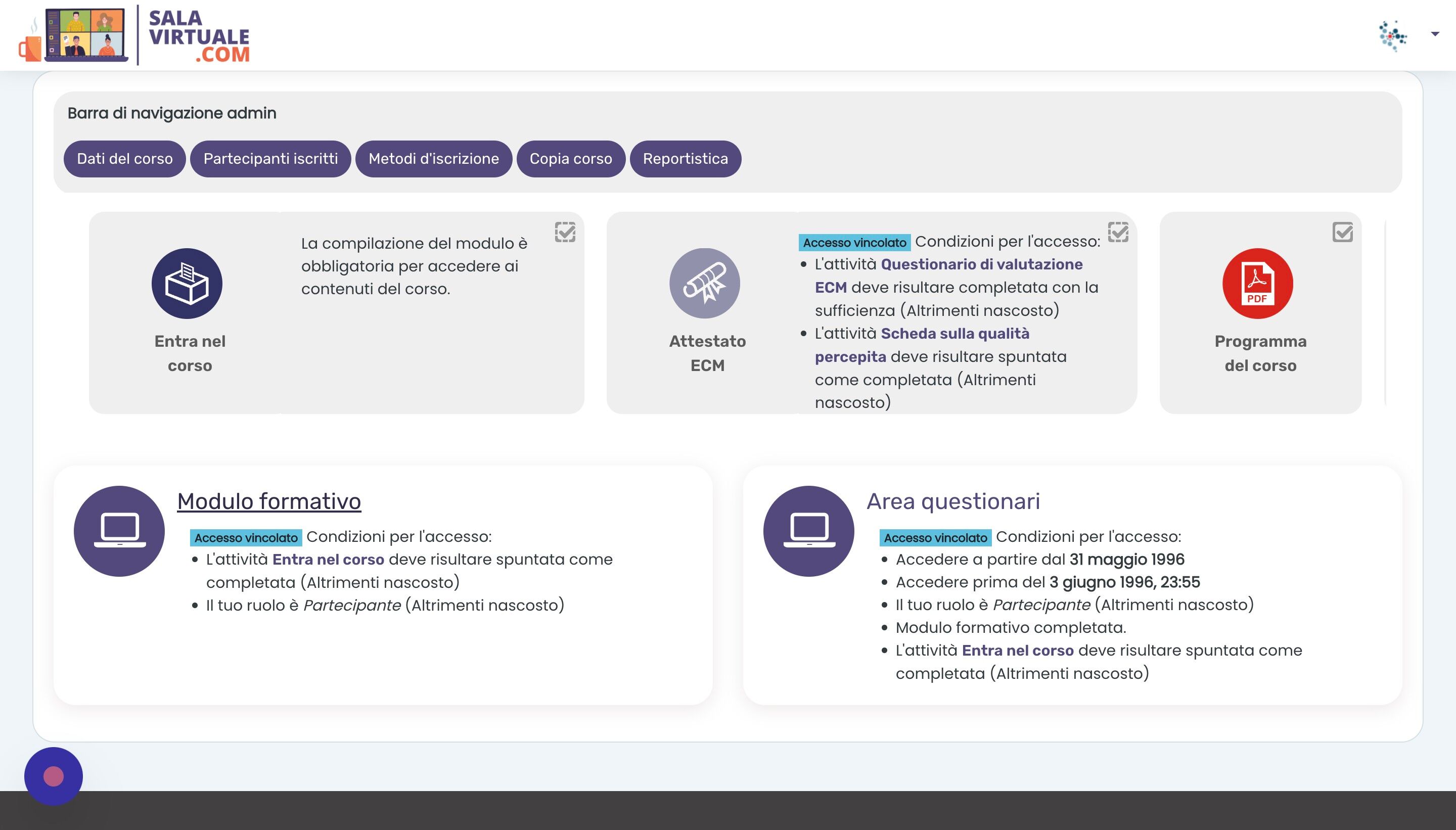 Screenshot of: Vediamo ora la struttura e il funzionamento del Modulo formativo in un corso ECM FaD. Iniziamo entrando nel Modulo Formativo. Il Modulo Formativo &egrave; accessibile solo agli utenti iscritti al corso.