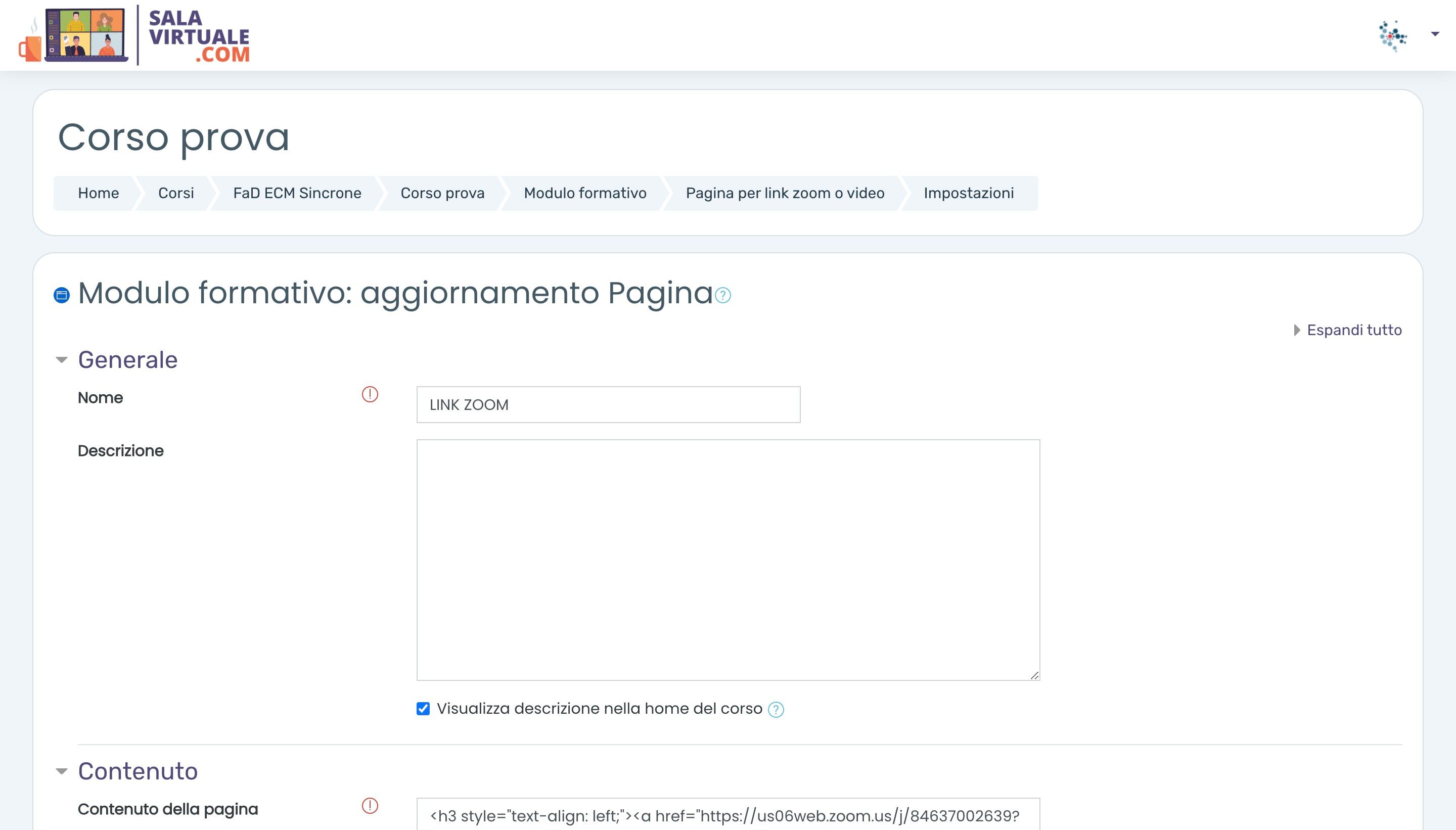 Screenshot of: Per esempio questa pagina si chiama ora 