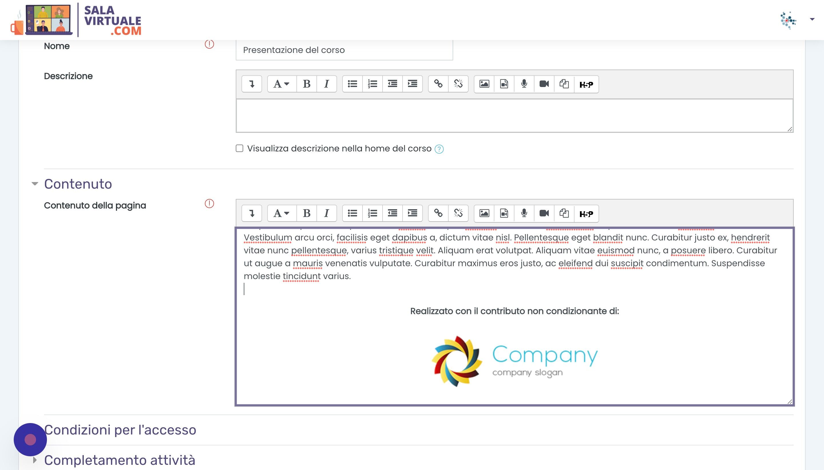 Screenshot of: Subito sotto &egrave; anche possibile inserire i loghi di eventuali sponsor. Cliccare il logo generico 