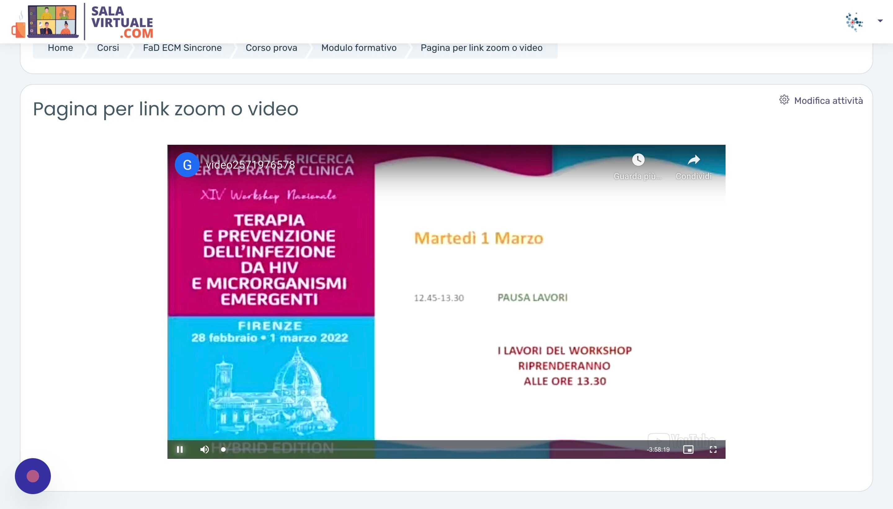 Screenshot of: Salvando le modifiche, visualizzeremo ora il player del video nella pagina, e premendo Play sar&agrave; possibile visualizzarlo.