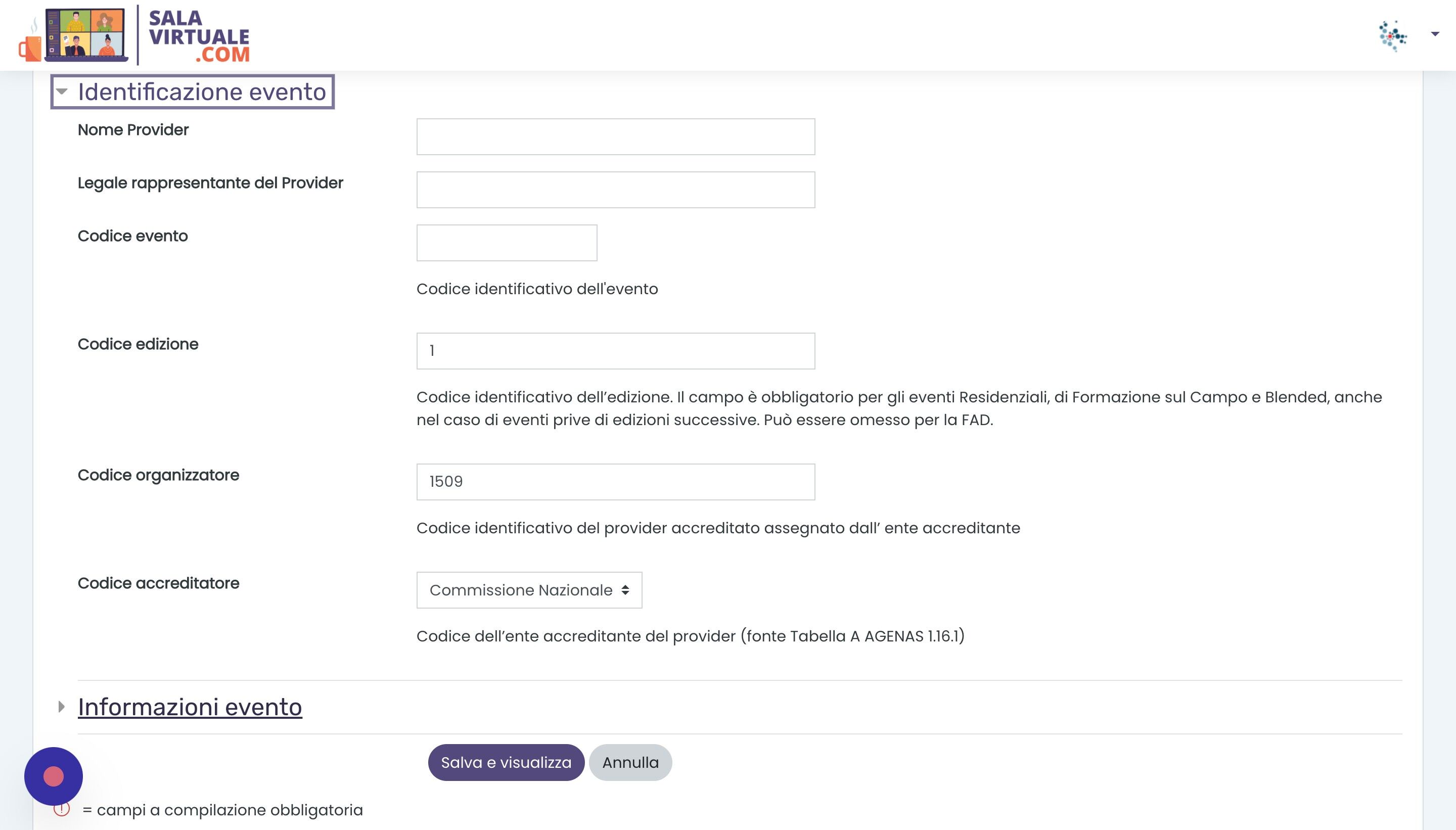 Screenshot of: Compilare tutti i campi in "Identificazione evento" e "Informazioni evento"