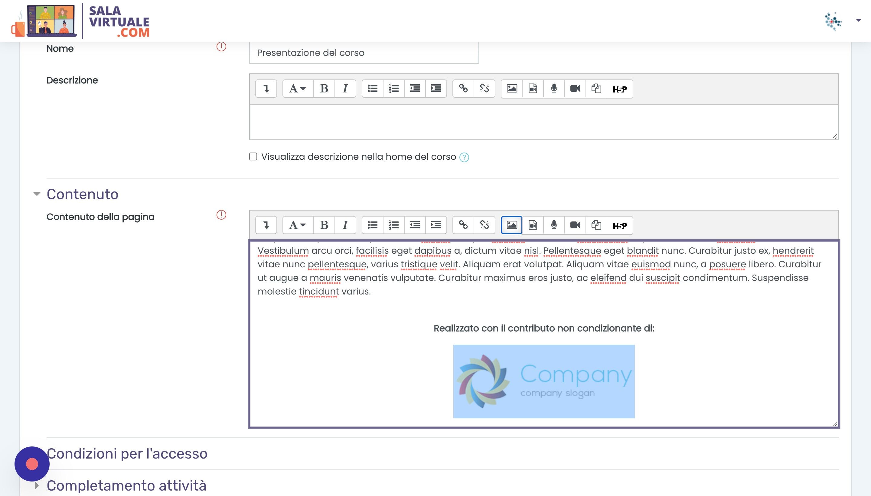 Screenshot of: ...e cliccare il tasto per cambiare l'immagine. Inserire l'immagine del logo dello sponsor. Se ci sono pi&ugrave; sponsor, si consiglia di unire tutti i loghi degli sponsor in un'unica immagine con qualsiasi programma di editing di immagini e caricare l'unica immagine con tutti i loghi. Se non ci sono sponsor, &egrave; possibile semplicemente cancellare il logo 
