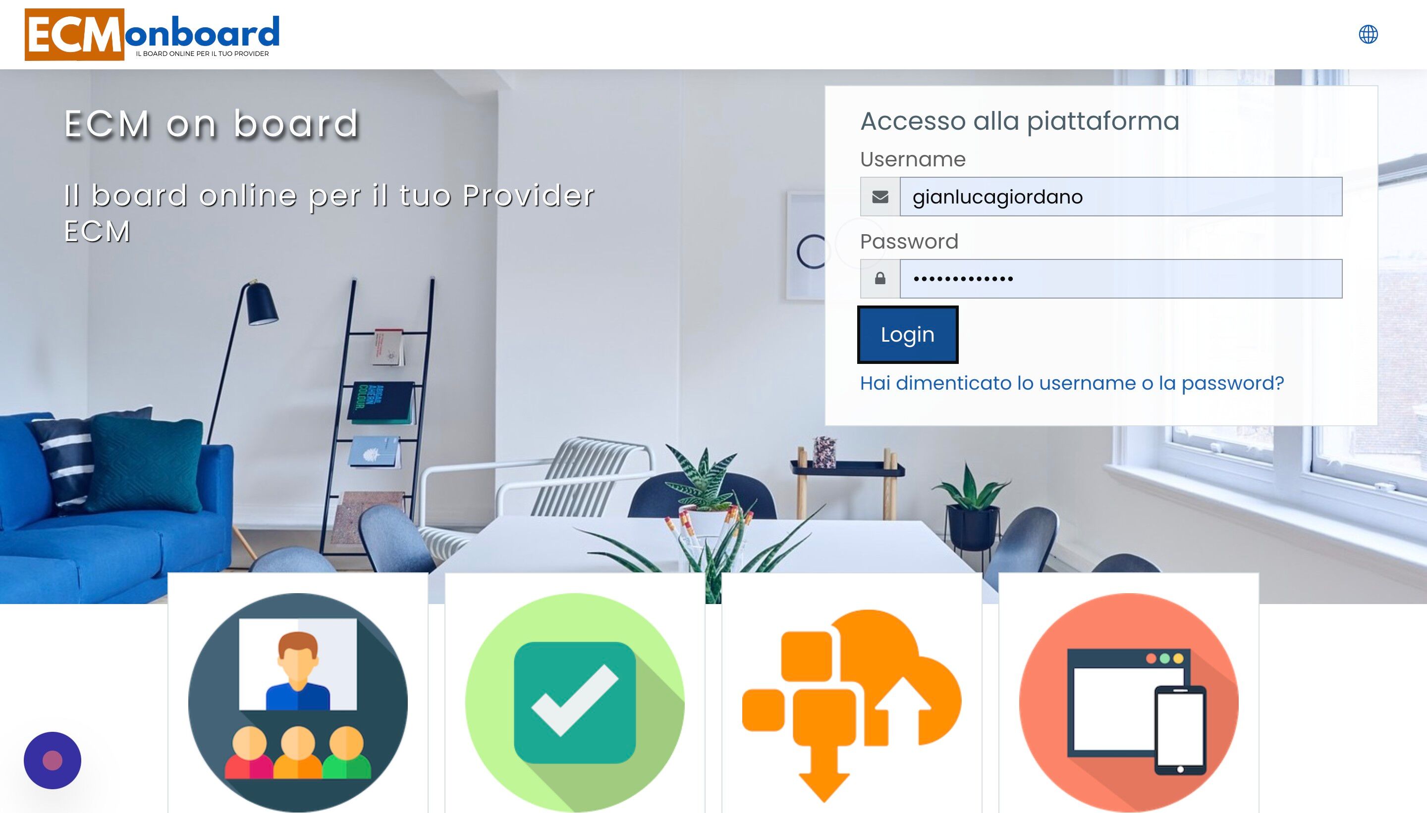 Screenshot of: Effettuare il login con le credenziali che vi sono state fornite