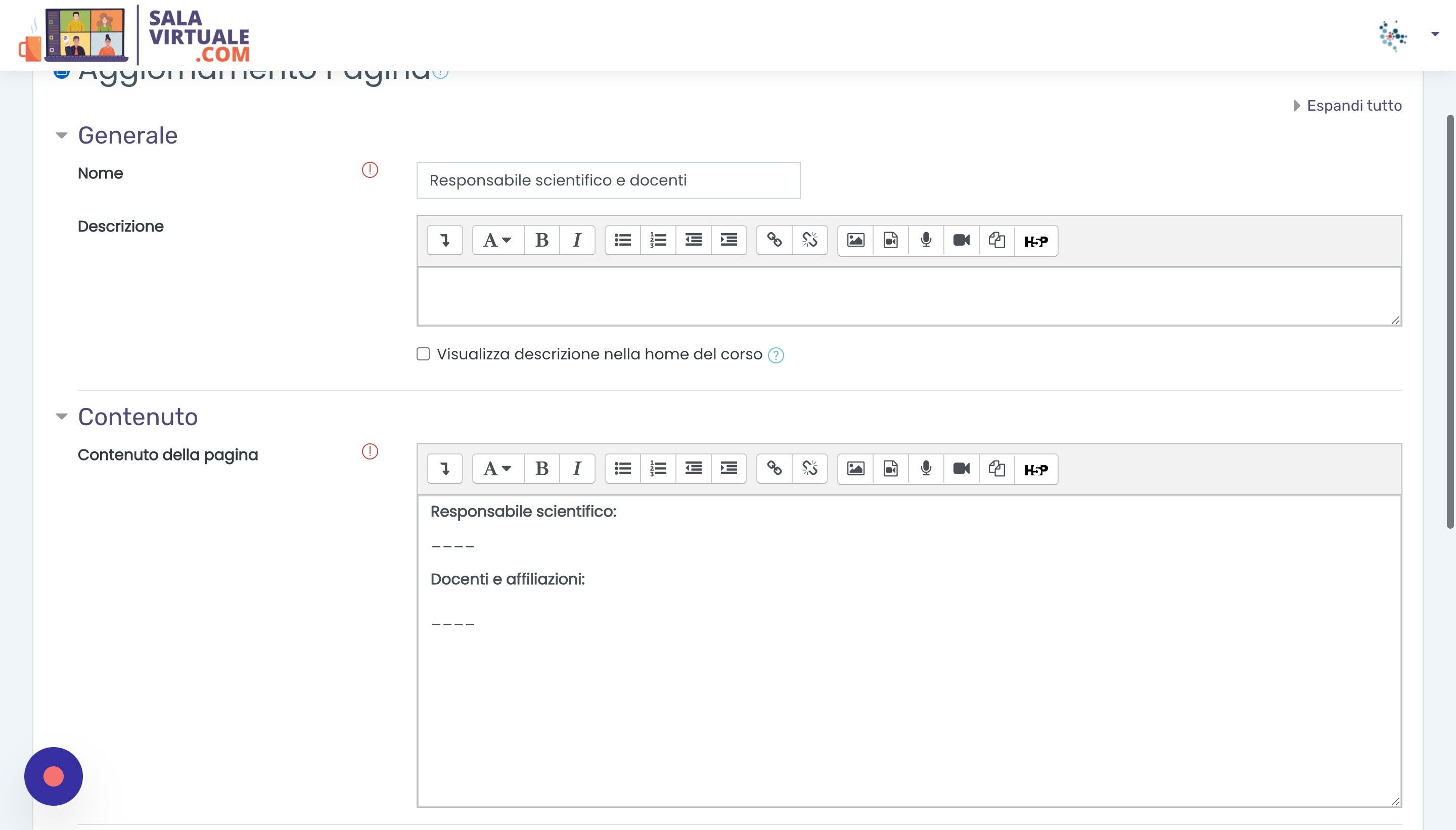 Screenshot of: Inserire nell'editor di testo il nome del Responsabile scientifico e degli altri Docenti e le loro affiliazioni.