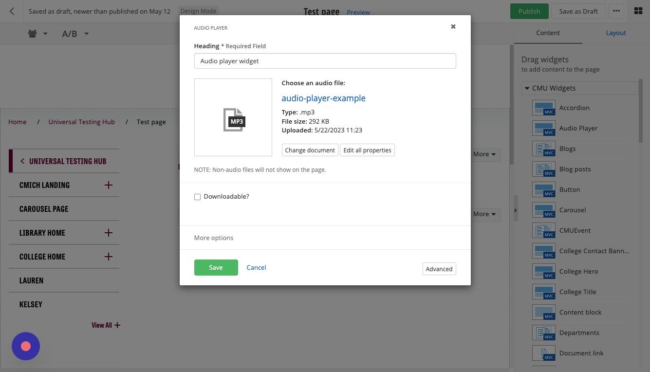 Screenshot of: If you want users to be able to download the audio file, check Downloadable. If not, leave it unchecked.
