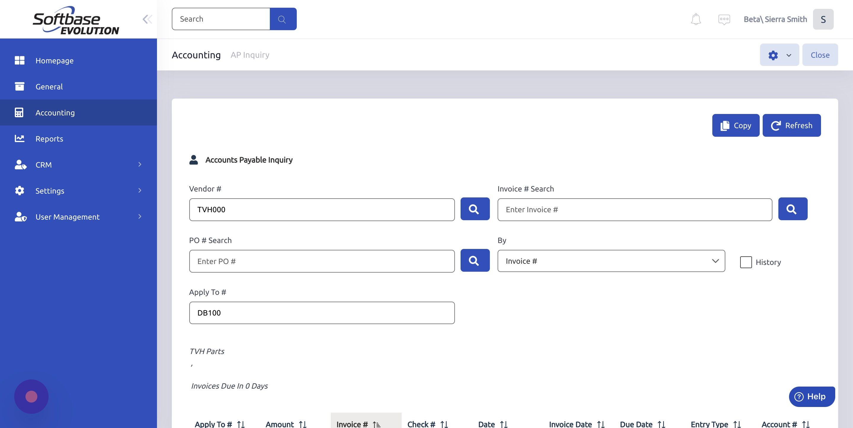 Screenshot of: Select "History" checkbox to view invoices that have been paid and are now in history.