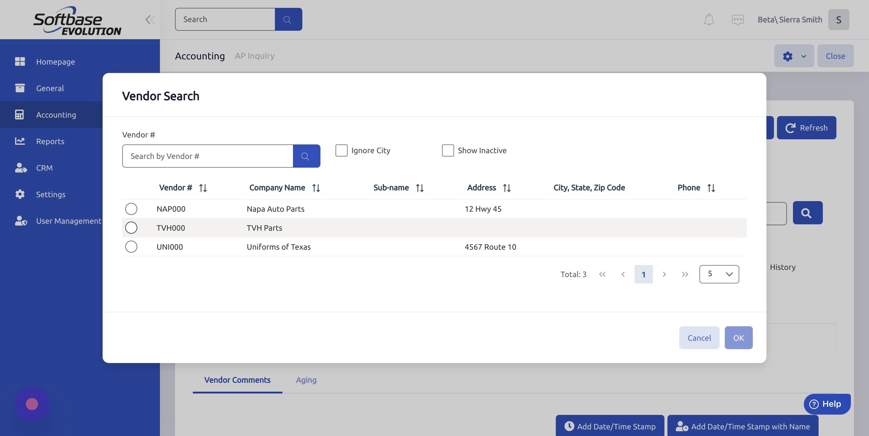 Screenshot of: Click here to select vendor.