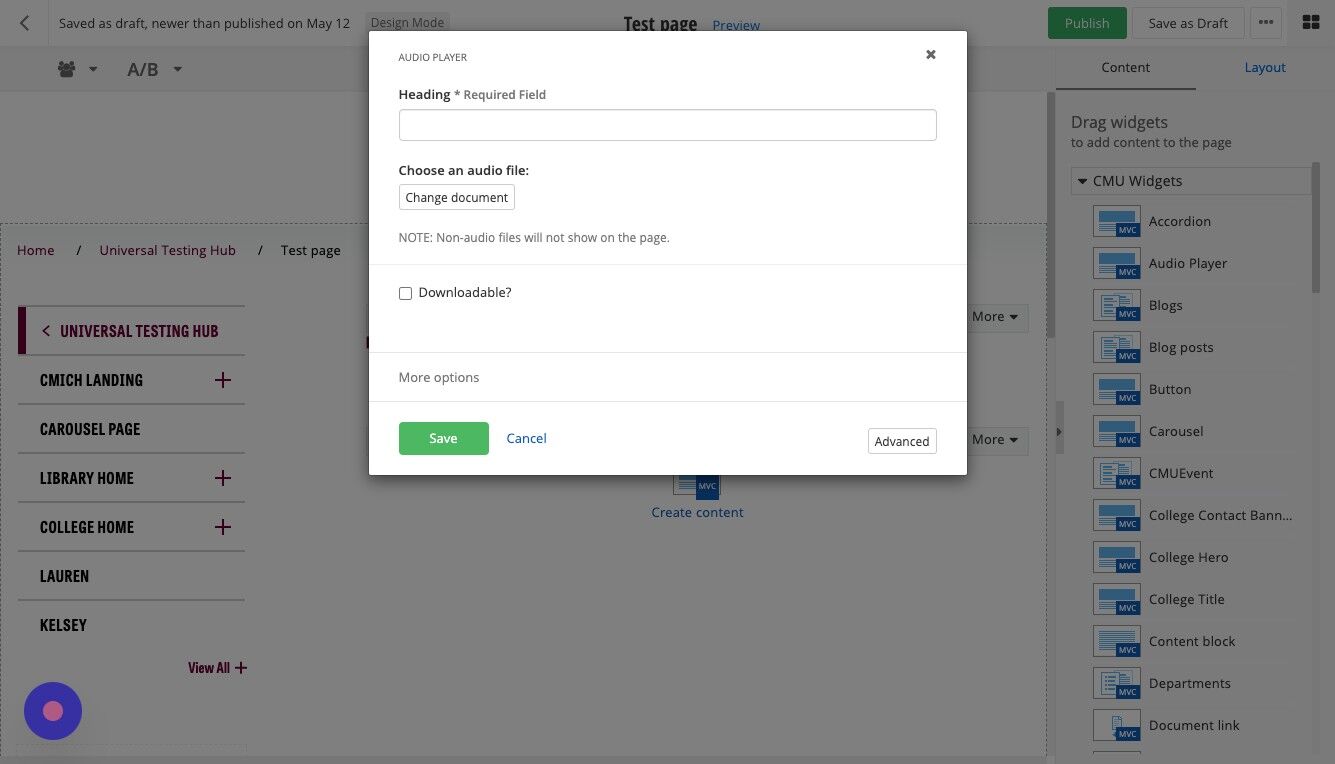 Screenshot of: In the required Heading field, enter the text that will appear above the Audio Player.