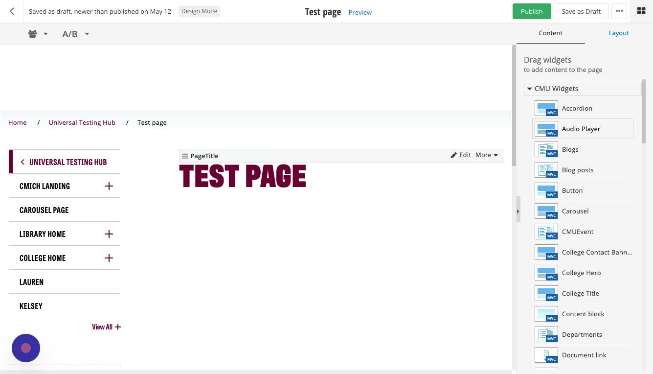 Screenshot of: Drag the Audio Player widget onto the page.