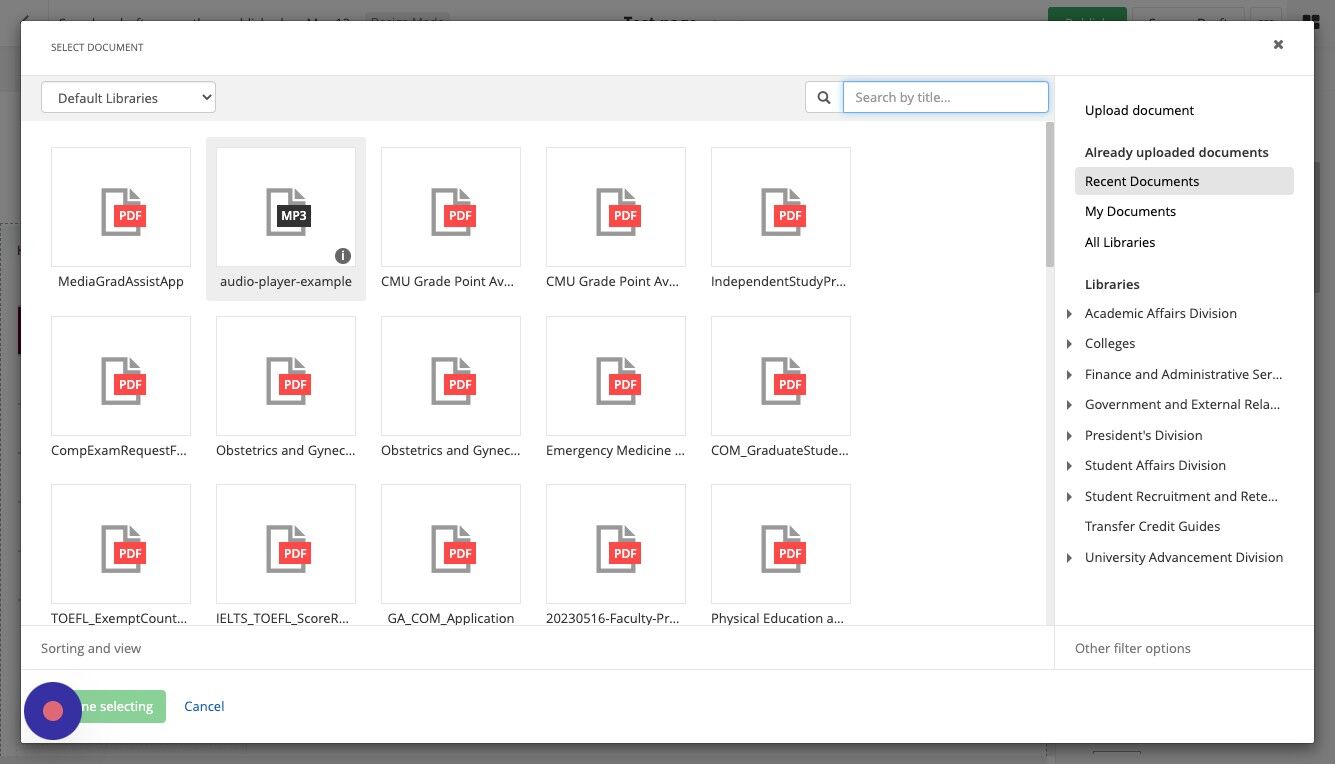 Screenshot of: Search for or navigate to the audio file you uploaded to your Digital Asset Management library, then click 