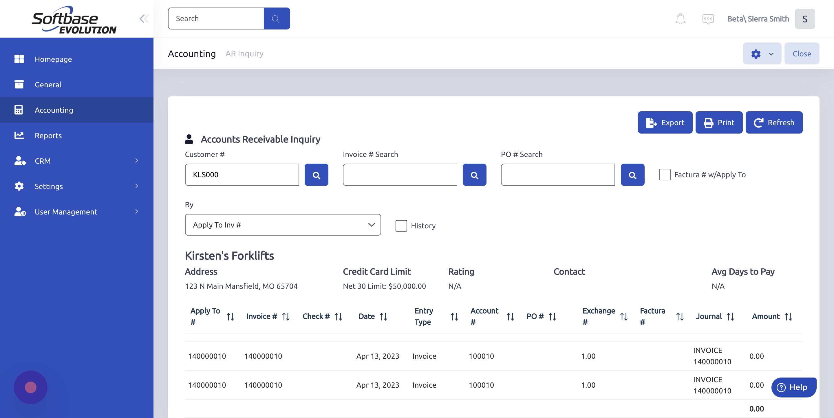 Screenshot of: Select "History" checkbox to view invoices that have been paid and are now in history.