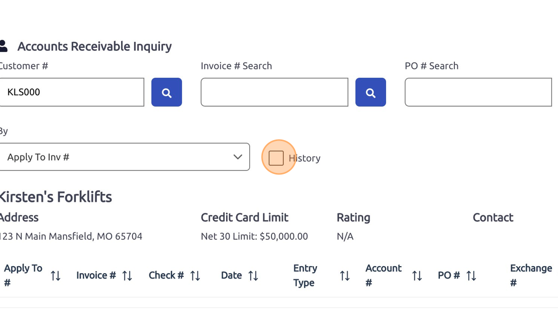 Screenshot of: Select "History" checkbox to view invoices that have been paid and are now in history.