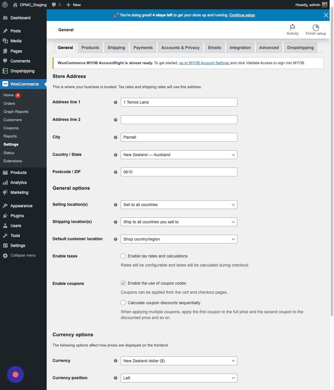 Screenshot of: When you first install the Plugin you will see the MYOB Banner to go to the Settings:  "WooCommerce MYOB AccountRight is almost ready."