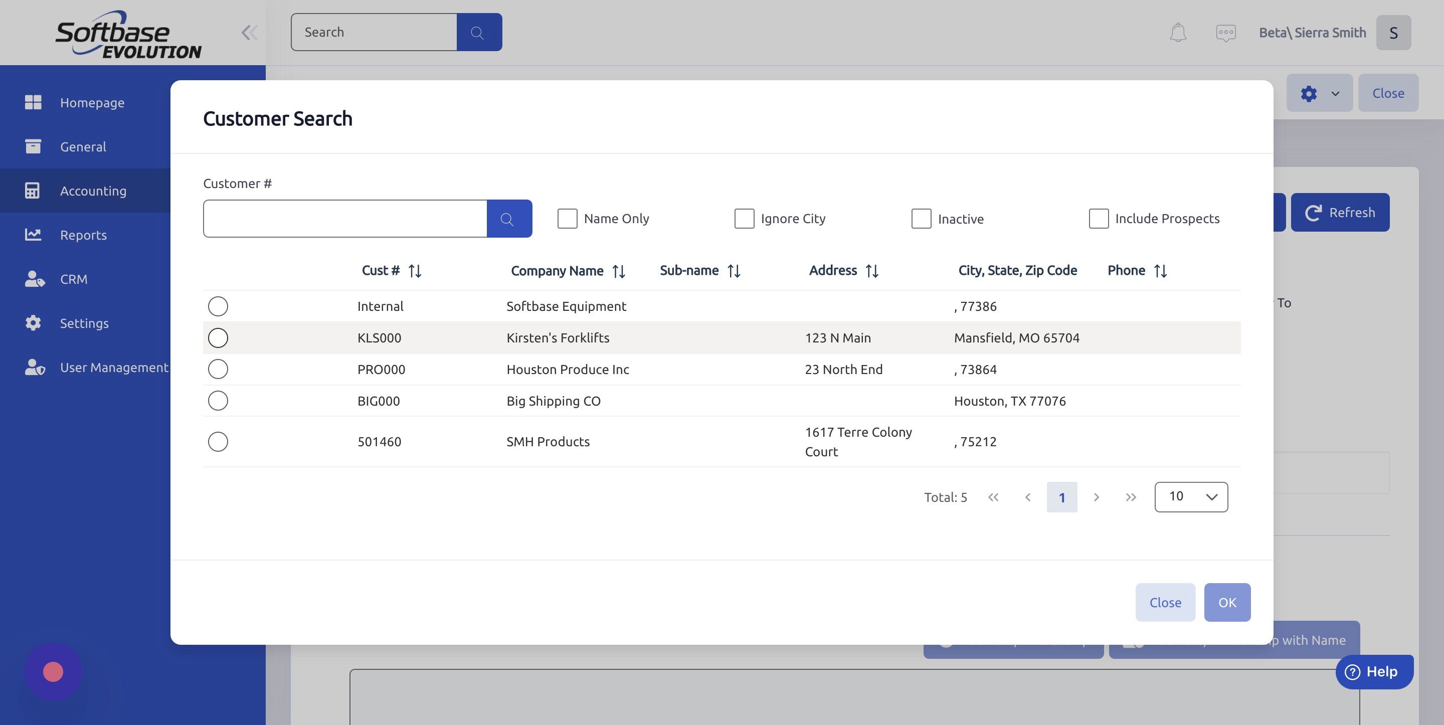 Screenshot of: Select customer.