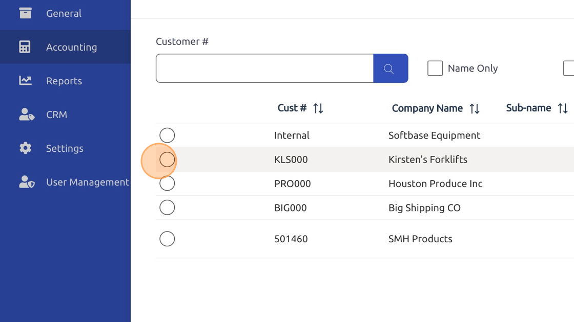 Screenshot of: Select customer.