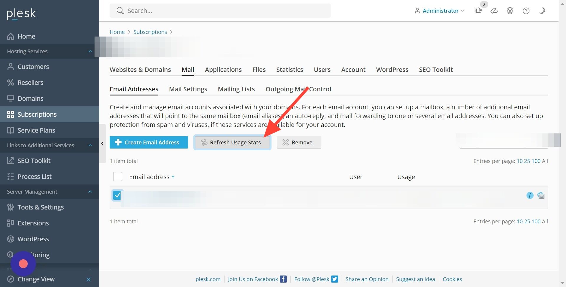 Screenshot of: Click "Refresh Usage Stats"