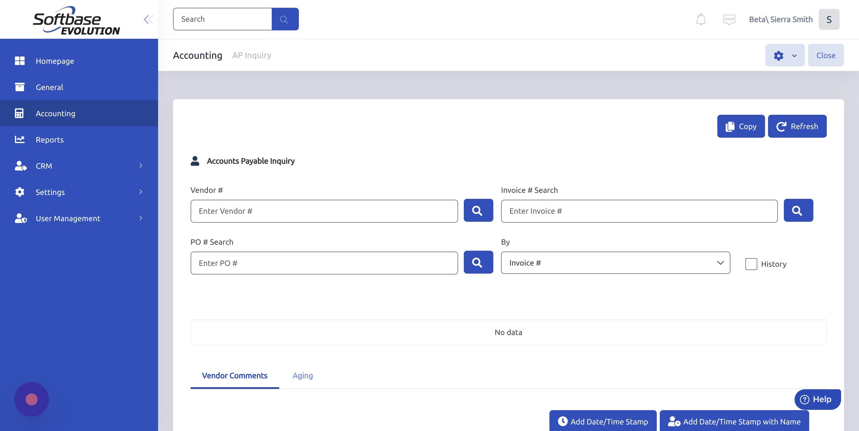 Screenshot of: Click here to search for vendor.