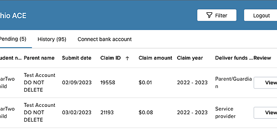 Screenshot of: Once logged in, you'll be able to view all pending and historical claims for your organization. 