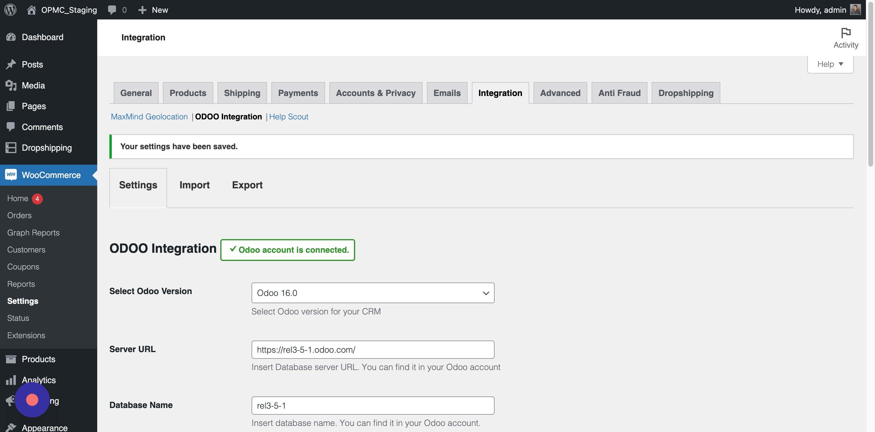 Screenshot of: Refresh the Page to view the indicator where you can see the updated status: "Odoo Account is Connected"