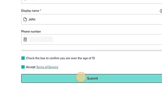 Screenshot of: Confirm that you are over the age of 13 and accept the terms of service then click "Submit"