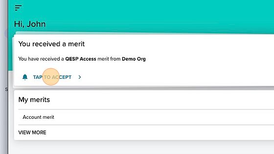 Screenshot of: Click "TAP TO ACCEPT" if you have already received the QESP Access merit.  If you have not, you must wait until it is issued to continue.  An email will be sent to you once it is issued. 