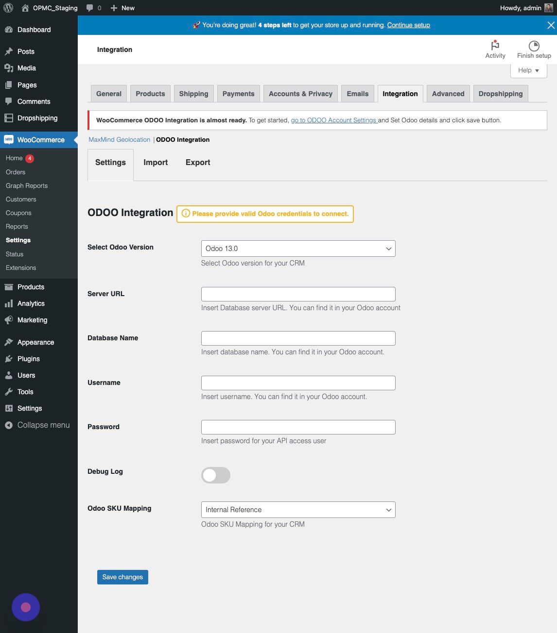 Screenshot of: You are now on the Odoo Integration Settings Page. 