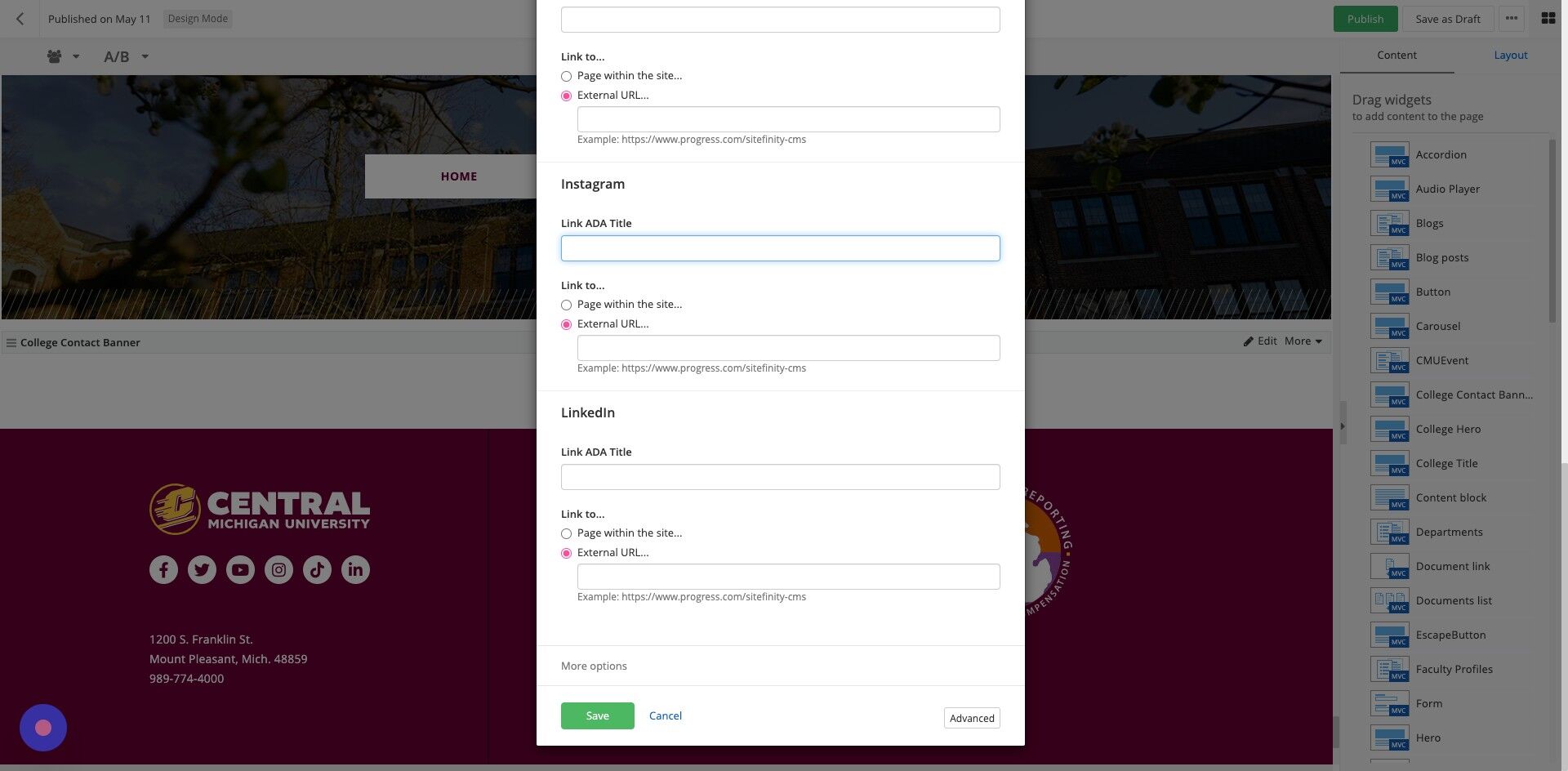 Screenshot of: Instagram: Add the link to the college's account in the External URL field.
