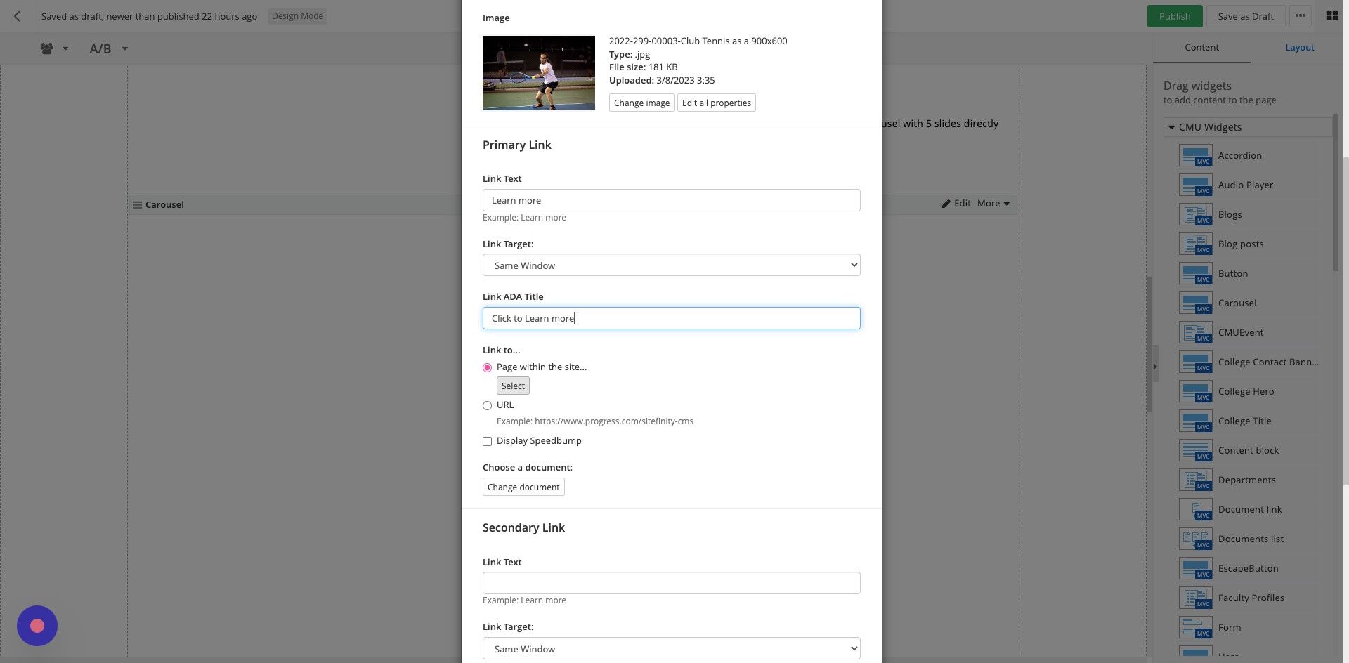 Screenshot of:  Link to: Pages within the site… This will take you to the page tree for selection.