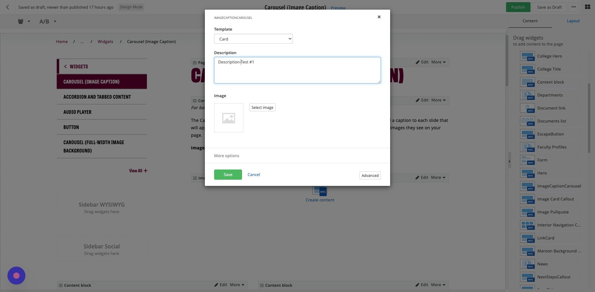 Screenshot of: Description: Enter the caption text.  (Recommend max 150 characters)
Note: If you do not enter a caption, the area where it would appear will be hidden.