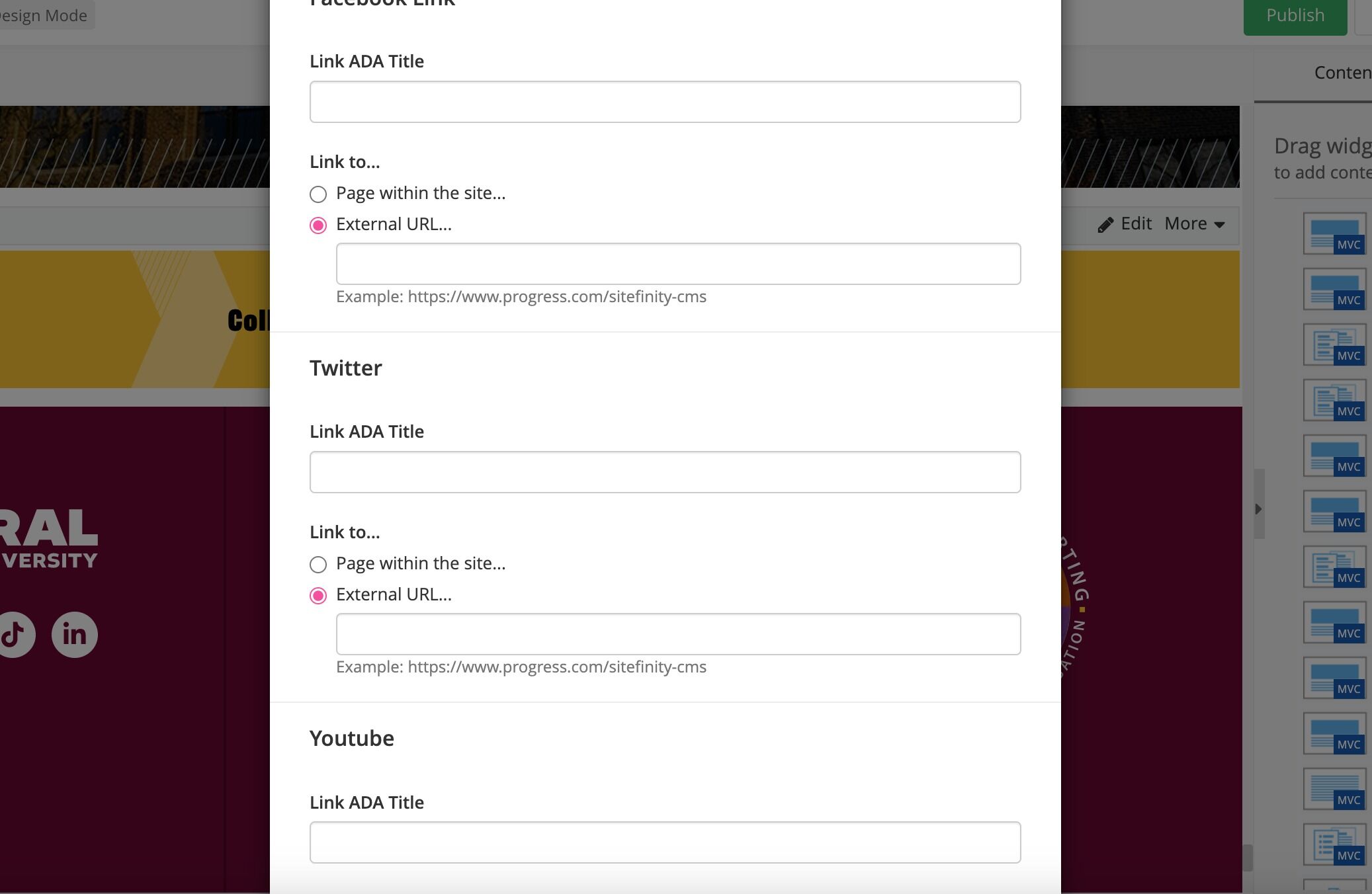 Screenshot of: Twitter: Add the link to the college's account in the External URL field.
