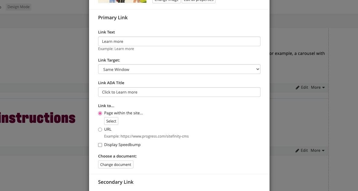 Screenshot of: Link Target: Select your option based on this criteria: Same Window = linking to internal CMU pages OR New Window = external pages, not within cmich.edu.
