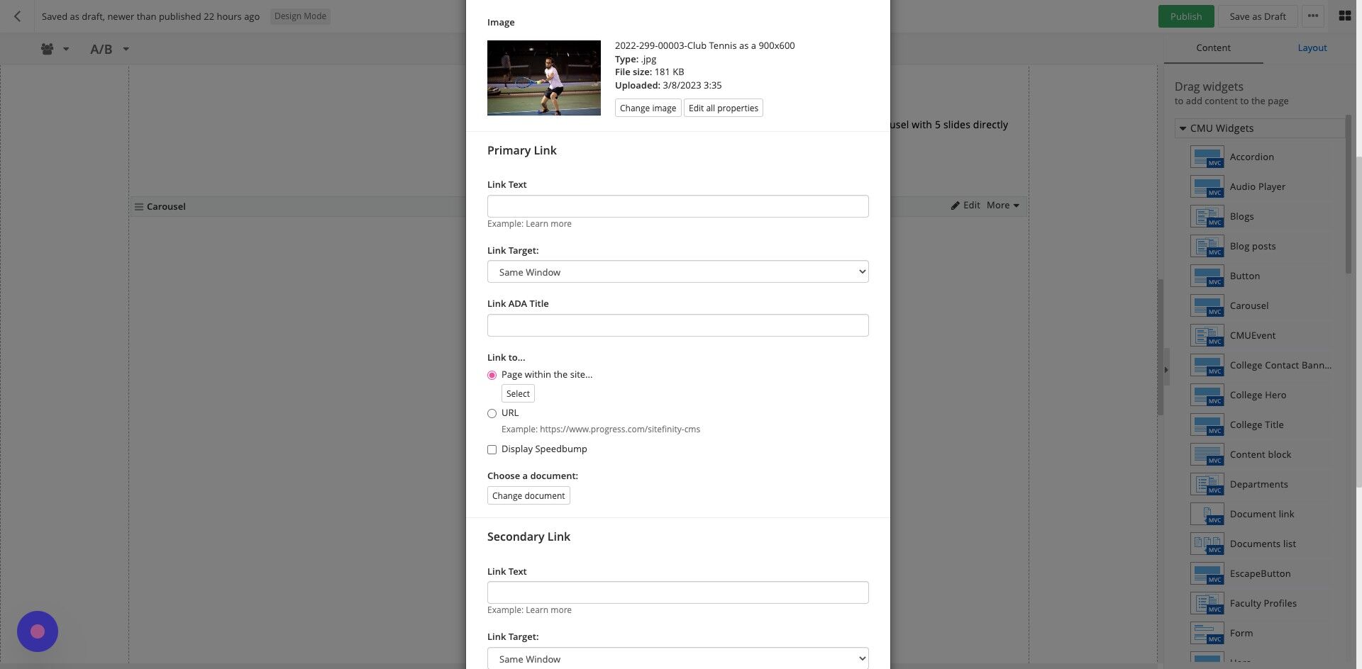 Screenshot of: Primary Link Text: Enter your Call To Action link text. Must use at least one link per slide. (Recommend max 30 characters)
