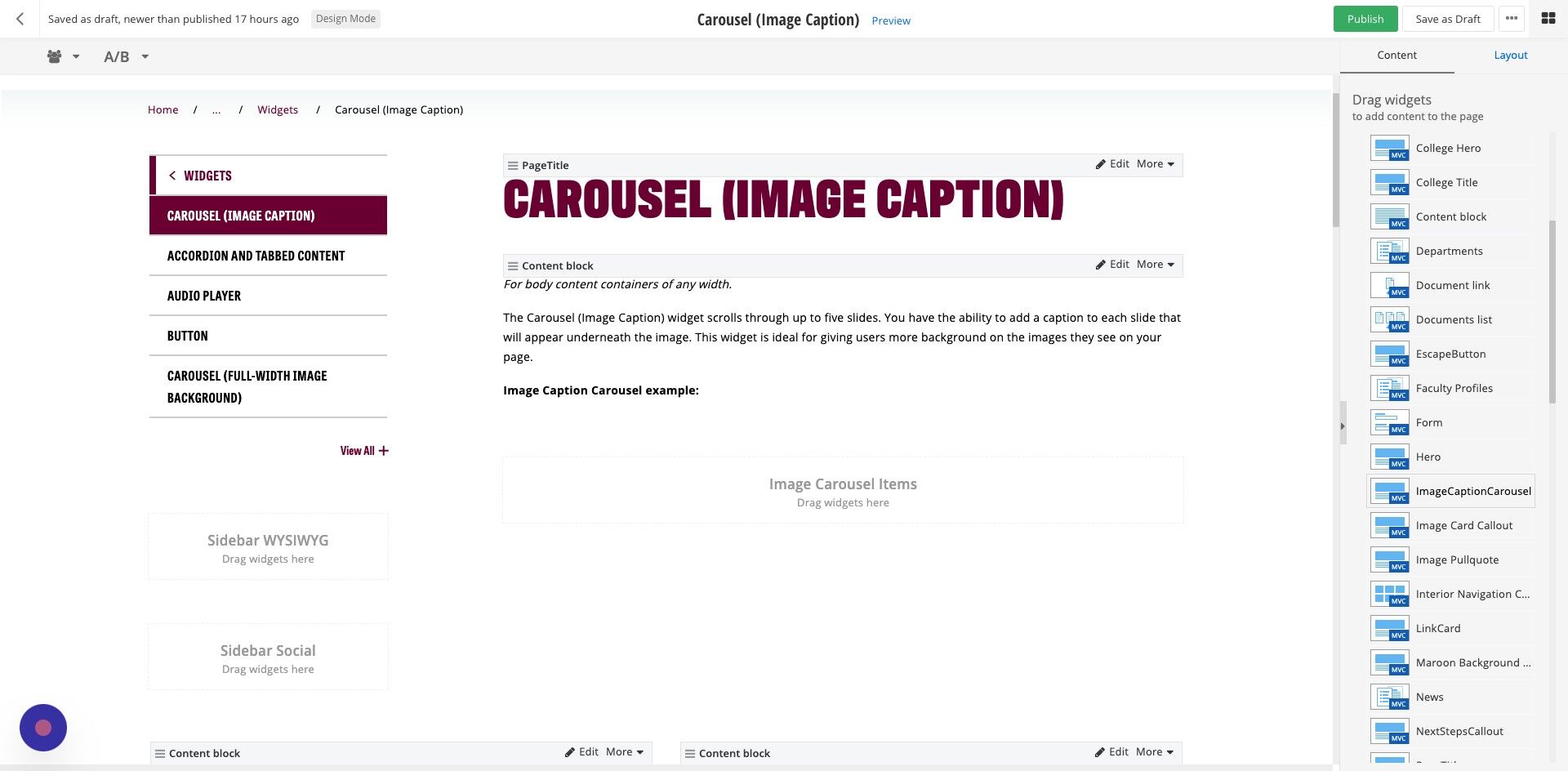 Screenshot of: Add the ImageCaptionCarousel widget to the page.

