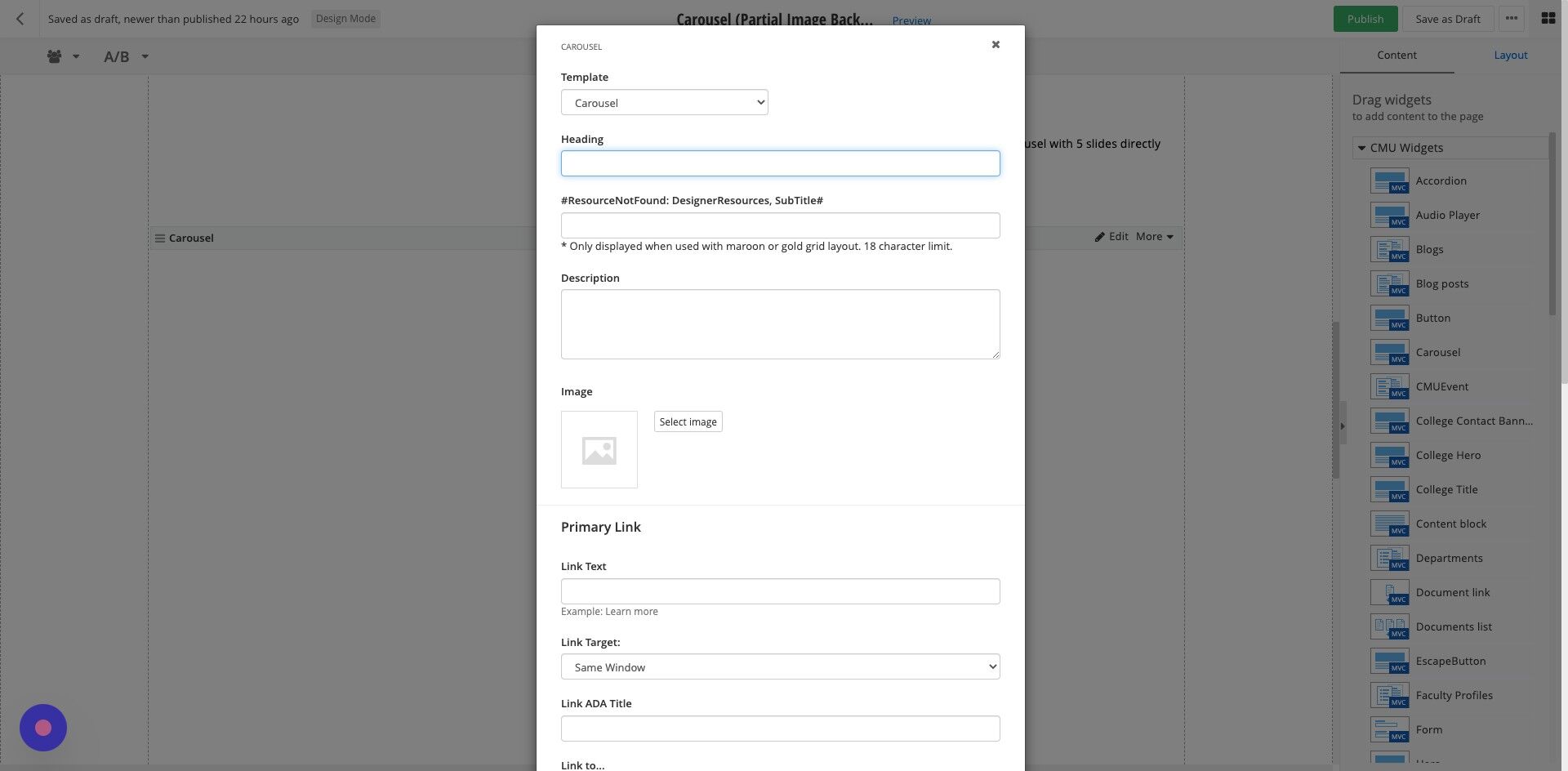 Screenshot of: Heading: Enter heading text. (Recommend max 75 characters)