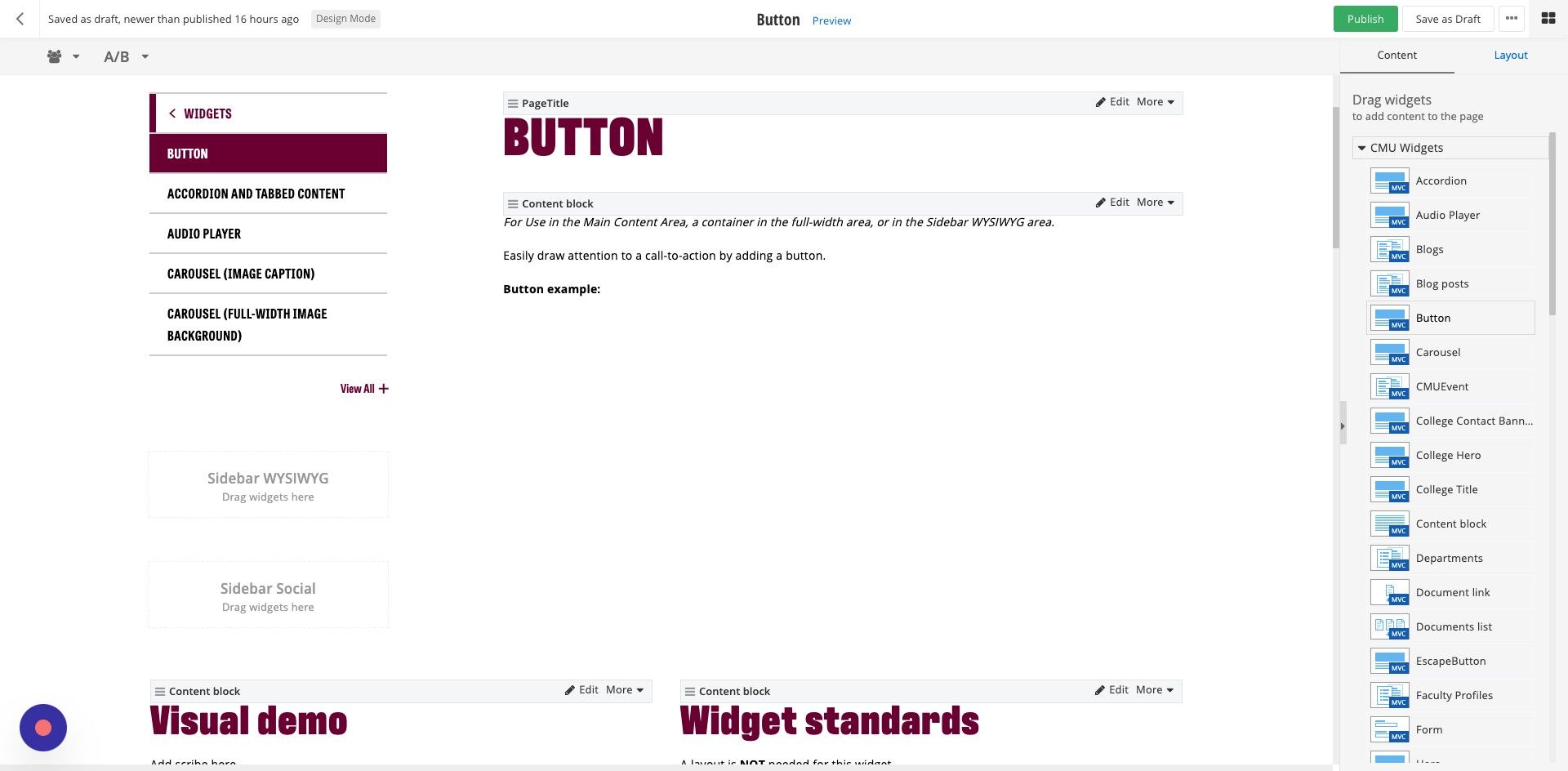 Screenshot of: Find the button widget and drag it over into the desired container on your page.
