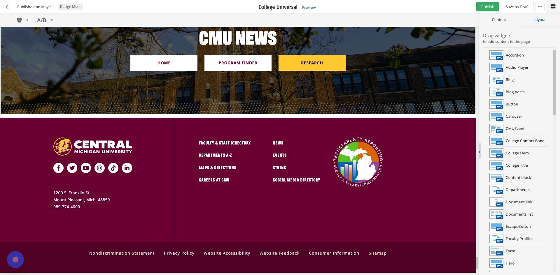 Screenshot of: Select the College Contact Banner widget and drop it into the Bottom Content area.