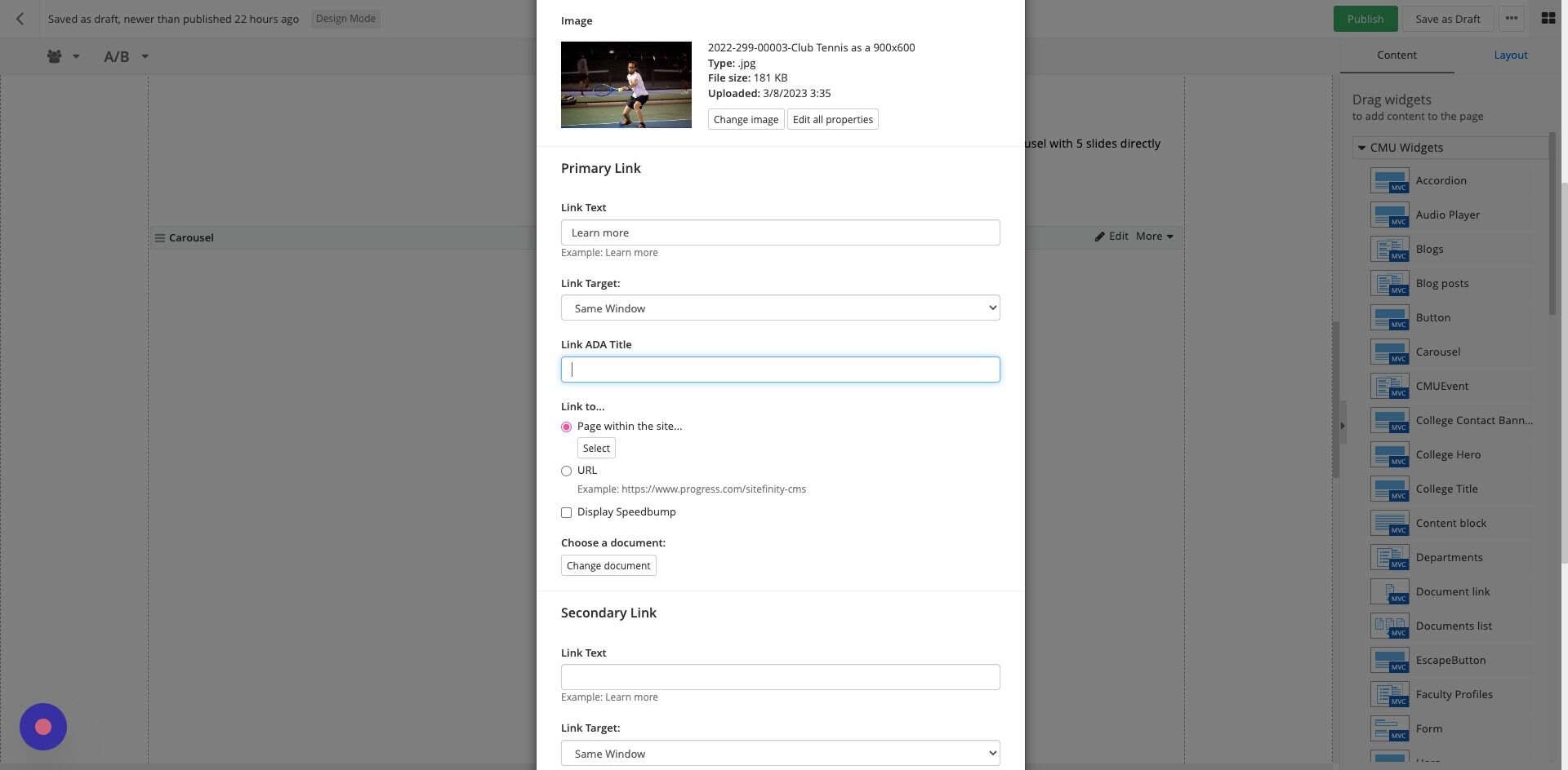 Screenshot of: Link ADA title: Enter your link text for ADA compliance.