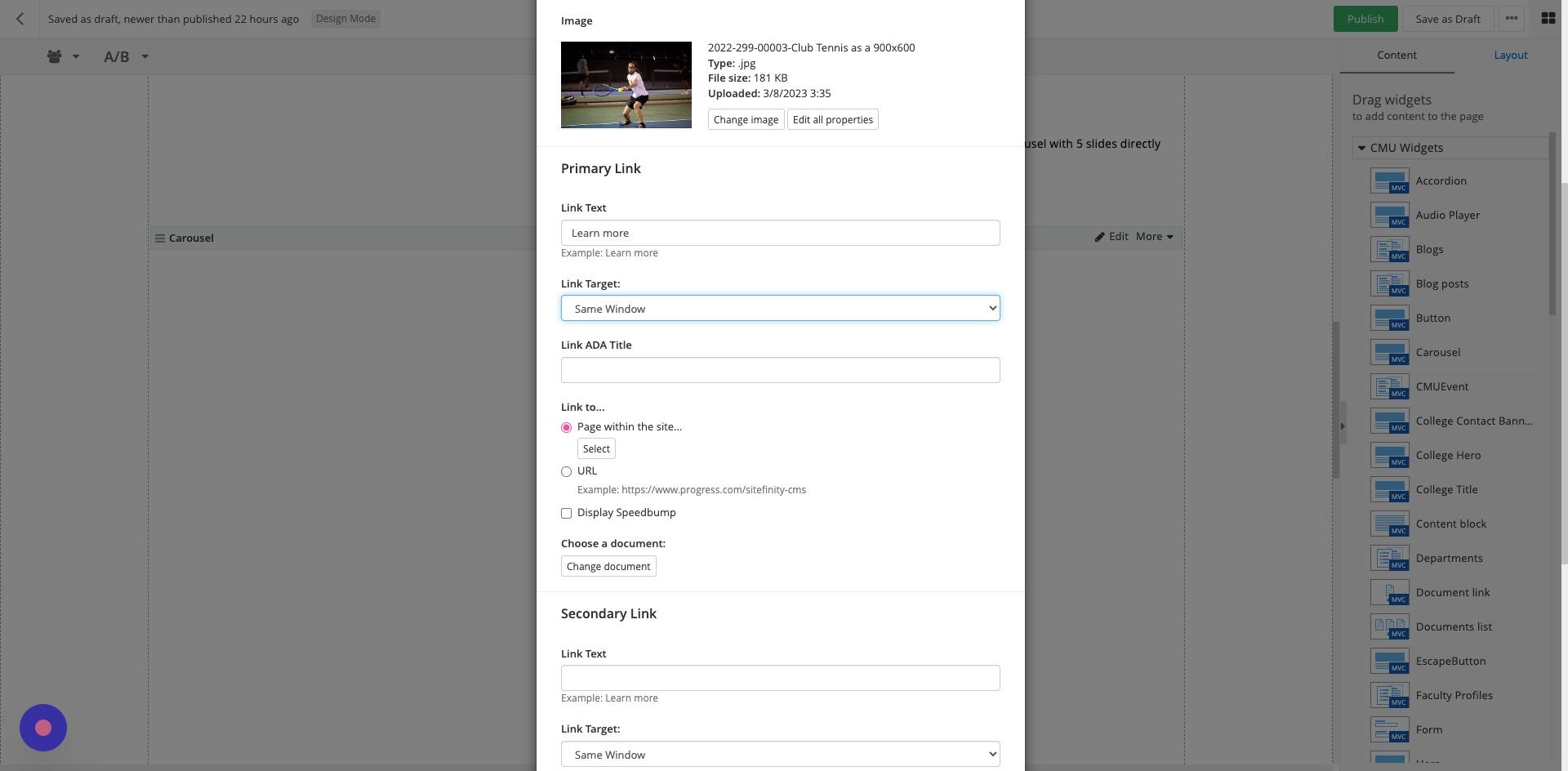 Screenshot of:  Link Target: Select your option based on criteria: Same Window: for internal CMU pages  OR  New Window: for external pages not within cmich.edu.