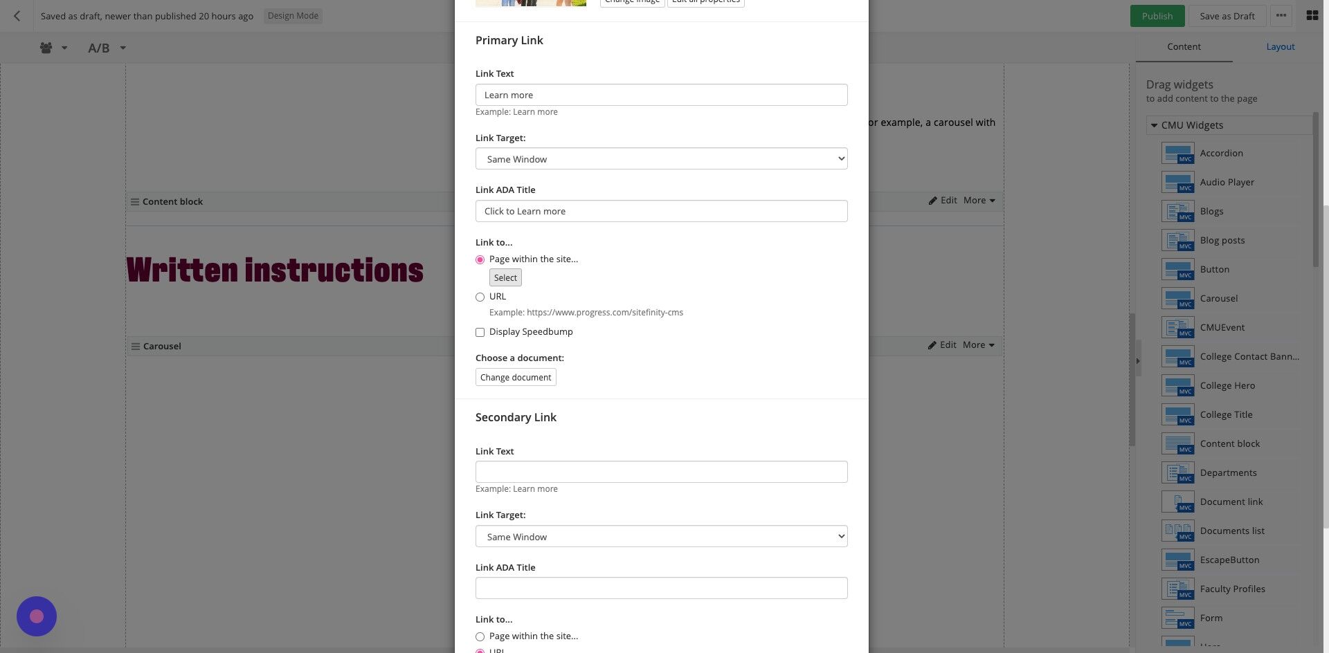 Screenshot of:  Link to: Choose the appropriate selection. For pages within CMU's website, click 