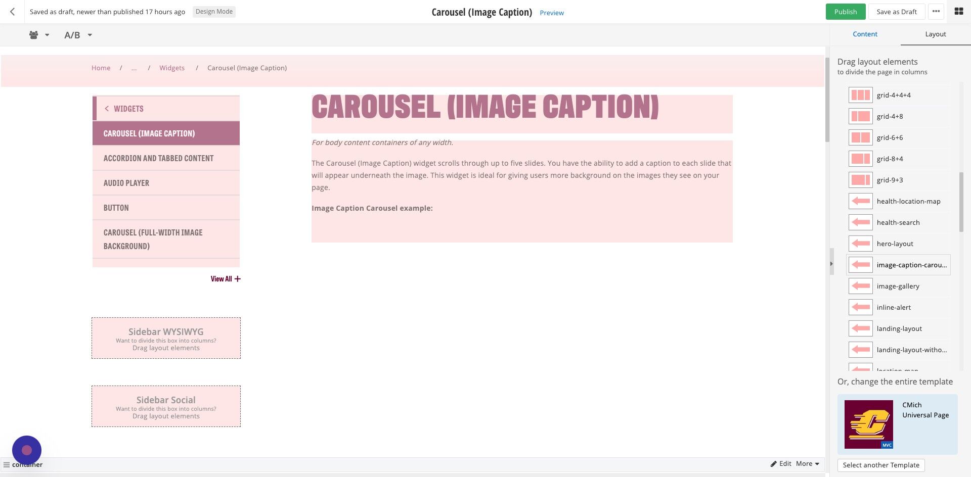 Screenshot of: Add the image-caption-carousel layout to the page.
