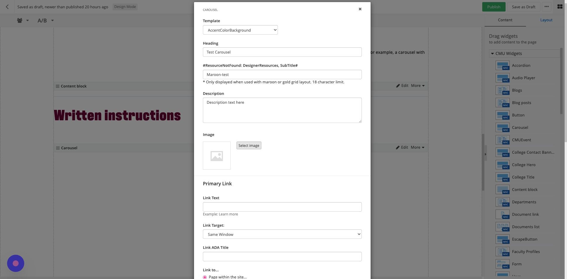Screenshot of: Image: Select a 900x600 image that has been optimized and uploaded the Digital Asset Management system (DAM).