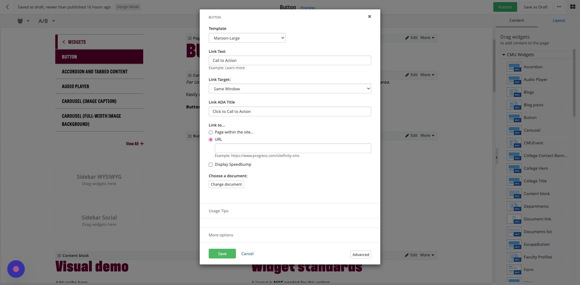 Screenshot of: Add the link URL to the box, if it is an external page, check the box for speedbump.
