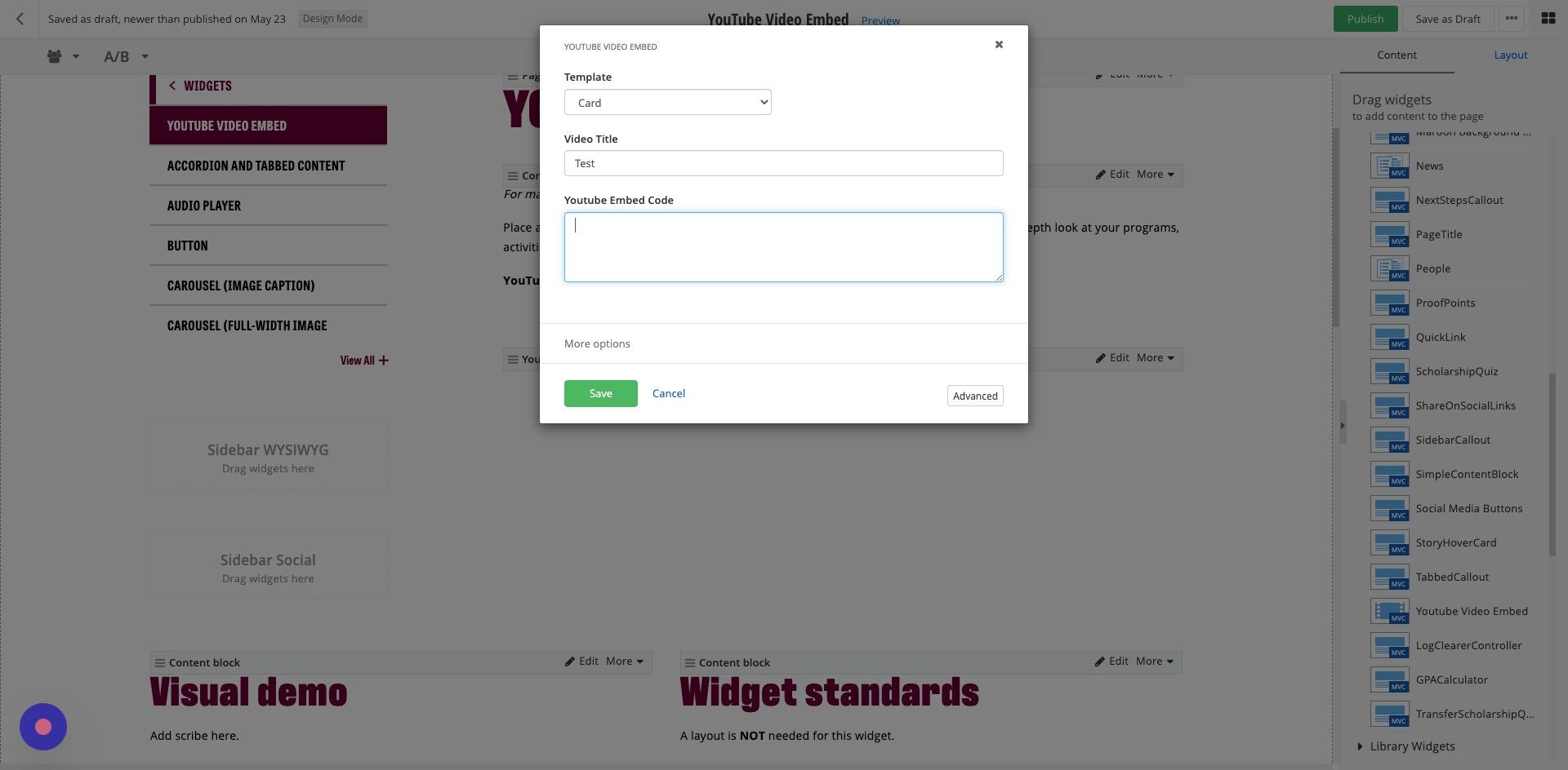 Screenshot of: Paste the embed code you copied into the YouTube Embed Code window.