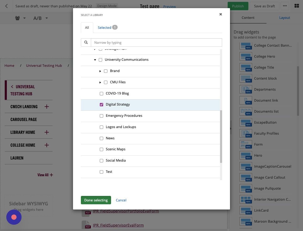Screenshot of: Search for or navigate to the desired document library/folder within the DAM, then click 