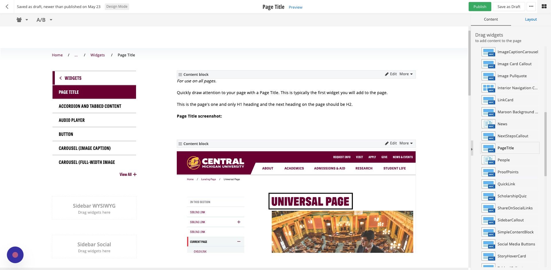 Screenshot of: Select the PageTitle Widget from the sidebar. Drop into the first 'Main Content' box. It will appear as you hover over the center of the page. 

