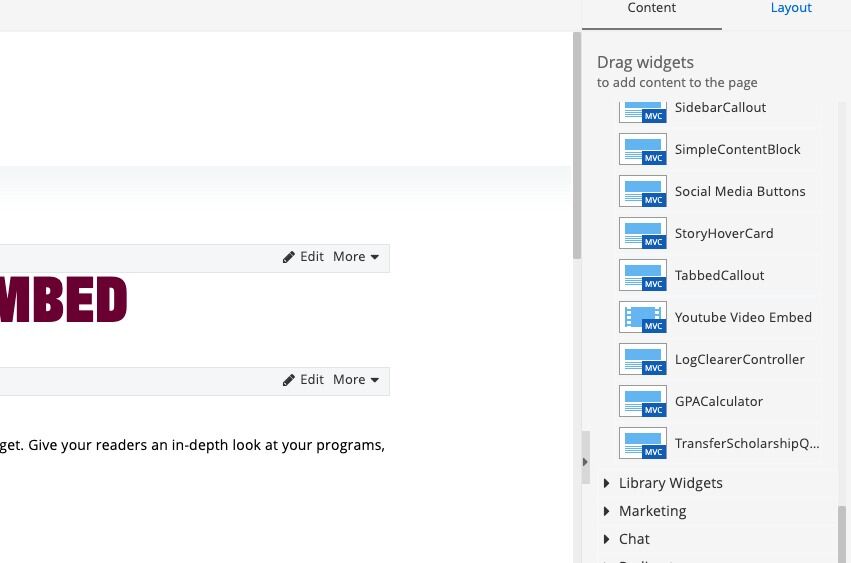Screenshot of: Select the YouTube Video Embed widget and drop it into the Main Content area.