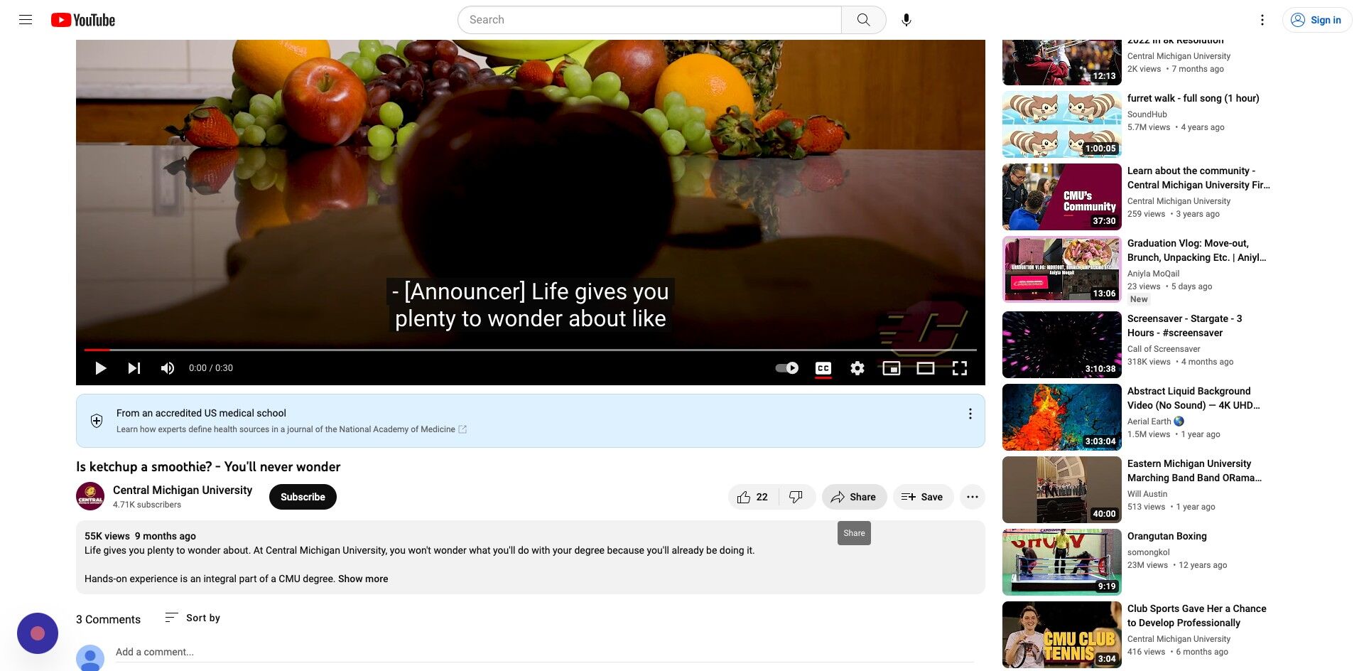 Screenshot of: Click on the share button, located on the bottom right portion of the video. 