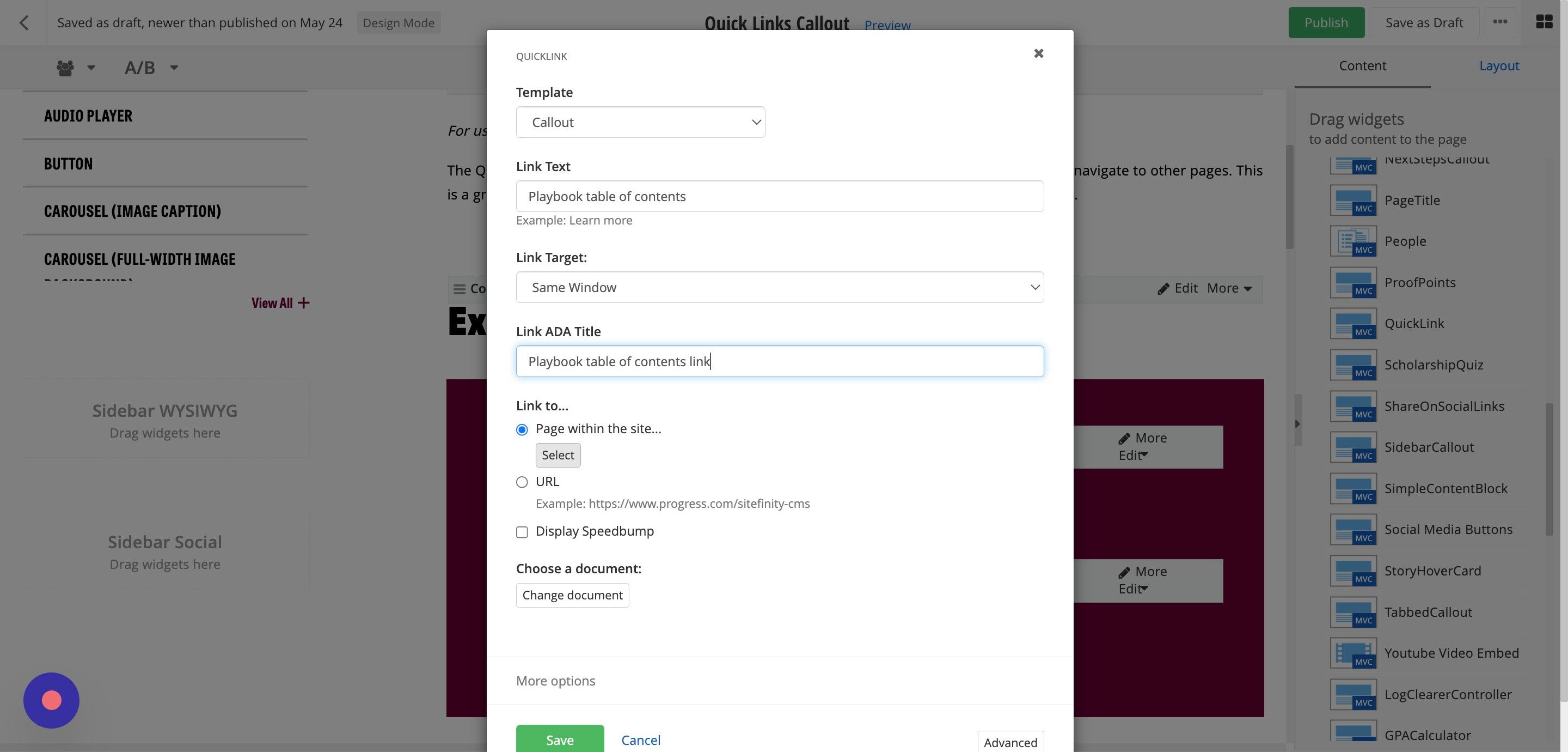 Screenshot of: To link to a page within the website, click on the Select button under 